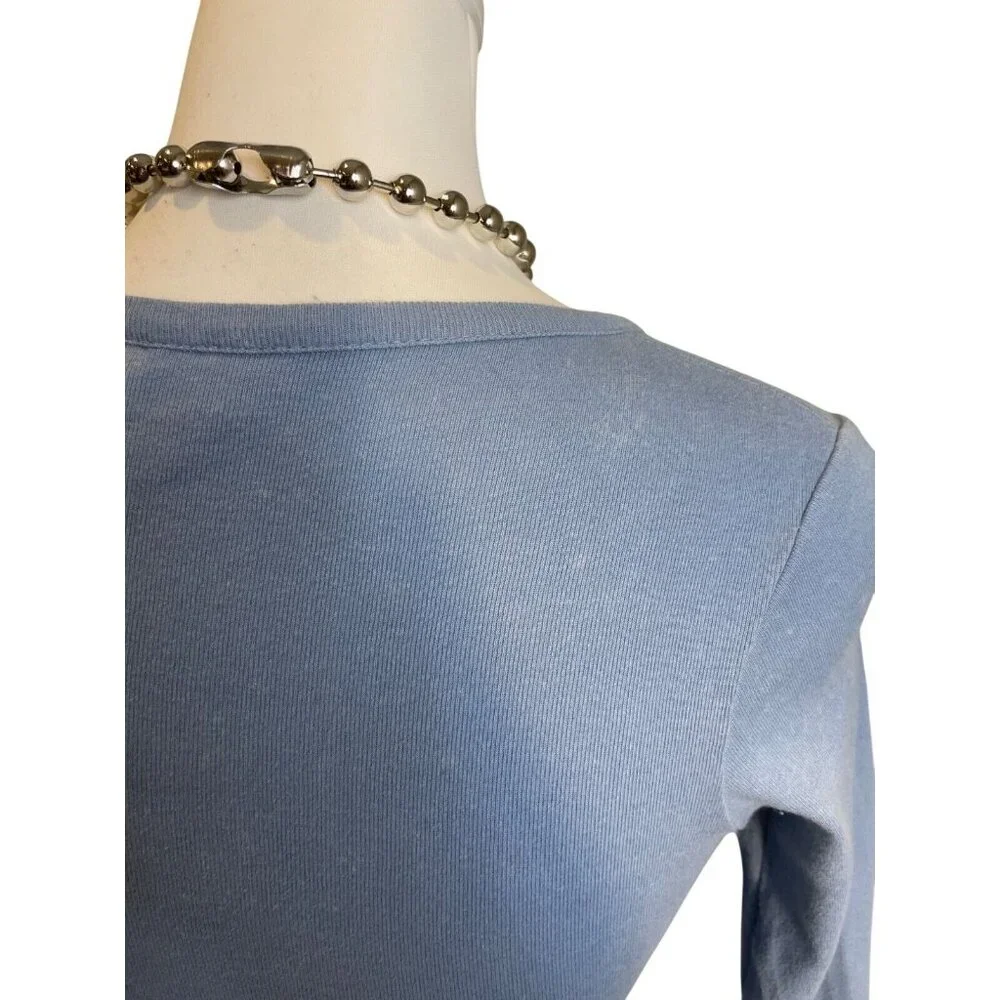 Vintage Energie Lace Up Grommet T Shirt Blue 3/4 Sleeve Slim Fit Y2K 2000's Sz S - Picture 5 of 5